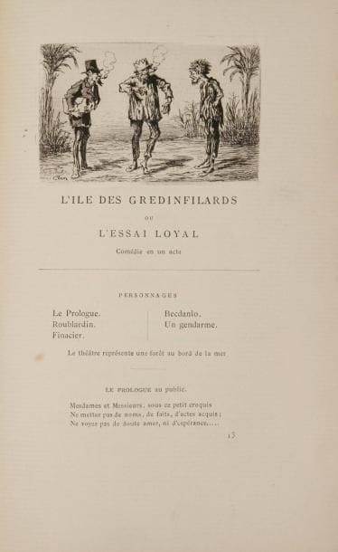 LEMERCIER DE NEUVILLE (Louis)
Théâtre des Pupazzi. Lyon: N. Scheuring, 1876. - In-8, portrait, (2 ff.), xxvj pp., (1 f.), 411 pp., (2 ff.). Demi-maroquin vert sombre, dos à nerfs, tête dorée, non rogné (reliure de l'époque). Édition collective en partie originale réunissant 18 saynètes pour pupazzi, marionnettes satiriques créées par l'auteur. "La troupe des Pupazzi forme un personnel dramatique comme on n'en vit sur les planches d'aucun théâtre. Plus illustres que les sociétaires de la Comédie-Française, mieux d'accord que les chanteurs de l'Opéra, moins exigeants que les ténors de Russie et les fauvettes d'Amérique, plus amusants que les farceurs des Bouffes et du Palais-Royal, plus souples qu'Auriol, plus mignons que les acteurs de la troupe enfantine de feu le théâtre Comte, ces fantoches de bois et de chiffons ne représentent-ils pas l'idéal d'une troupe dramatique ? Impresario, auteur, acteur, souffleur, machiniste, décorateur et sculpteur, Lemercier de Neuville est l'âme de ce microcosme merveilleux" (p. ij). L'édition est illustrée d'un portrait de l'auteur gravé par Fugère et de 18 très beaux en-têtes gravés à l'eau-forte dont un d'après Cham et un autre d'après Bertall. Chaque saynète est suivie d'une notice donnant des informations sur la pièce. Un des quelques exemplaires imprimés sur papier vergé, parfaitement conservé. Légères décharges des gravures sur le feuillet en regard.