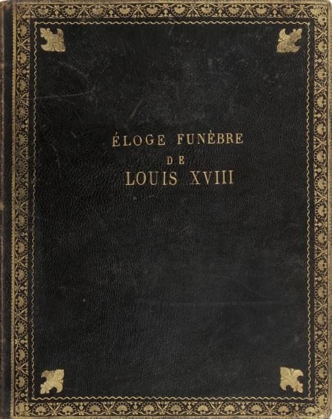 LIAUTARD (Claude Rosalie, Abbé)
Éloge funèbre de très-haut, très-puissant et très-excellent prince Louis XVIII, roi de France et de navarre. Paris: Leblanc, février 1825. - In-4, 55 pp. Maroquin noir, roulette à palmettes et filet ondulé en encadrement, fleurs de lys aux angles sur les plats, inscription "Éloge funèbre de Louis XVIII" en lettres dorées sur le premier plat, dos lisse orné, roulette dorée intérieure, doublures et gardes de papier noir, tranches dorées (reliure de l'époque). Troisième édition, revue et corrigée de cet éloge funèbre considéré comme l'un des plus beaux consacrés à Louis XVIII. Exemplaire sur papier vélin conservé dans une reliure de deuil. Frottements aux charnières et au dos, coins émoussés. Rousseurs aux 16 premières pages. Provenance: Ex-libris héraldique portant la devise "ny amy ny ennemy a demy".