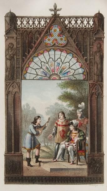 [MALO (Charles)]
Livre Mignard ou la Fleur des Fabliaux. Paris: Louis Janet, (1826). - In-12, titre frontispice, (4 ff.), 192 pp., 6 planches. Demi-veau glacé aubergine à la bradel et à coins, filets dorés, dos lisse orné de motifs à la cathédrale dorés et en noir, non rogné (Carayon). Belle publication destinée aux dames, réalisée par Charles Malo qui a réuni un choix de fabliaux anciens parmi les plus célèbres, composés par Belleau, Ronsard, Baïf, Saint-Gelais, Clotilde de Surville, Diane de Poitiers, Clément Marot, Du Bellay, etc. D'après Charles Malo: "on trouvera dans ce recueil les Fabliaux de Griselifsis (Griselidis), du Chevalier à la Trappe et de Sémiramis, qu'on chercherait en vain dans l'édition en 4 volumes de Barbazan. Nous sommes le premier qui les ayons fait imprimer: nous les avons soigneusement collationnés sur les originaux" (préface). L'édition est illustrée d'un titre frontispice et de 6 figures hors texte en couleurs avec ornements gothiques, gravés par Rouargue. Très bel exemplaire à toutes marges, sur papier vélin, relié par Carayon. Dos très légèrement passé.