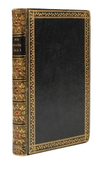 PONCET-DELPECH FILS (J -M Saint-Cyr)
Mes quatre âges, ou les quatre âges de l'homme, poëme. Seconde édition, augmentée de plusieurs pièces inédites. [suivi de]: Les Lunettes, épitre à monsieur Louis-Antoine Fille. Paris: L. G. Michaud, 1815 (1818). - In-18, front., 248 pp., (1 f. bl.), 4 pl. Maroquin bleu nuit, plats ornés d'un encadrement composé d'une roulette de feuillage sertie de deux doubles filets dorés, fer dans compartiment aux angles, dos lisse orné de caissons richement décorés de motif de feuillage avec pastille de maroquin rouge au centre sur fond de mille points, encadrement intérieur de maroquin bleu nuit orné d'une roulette dorée, doublures de tabis rose ornées sur les bords d'un filet et d'une roulette dorés, gardes de tabis rose, tranches dorées (P. Bozérian). Seconde édition de ce poème en quatre chants, contenant une nouvelle préface et présentant un poème totalement remanié par rapport à celui publié en 1805. L'édition a été augmentée de quatre pièces en vers: Les Agréments d'un petit bien. - Ma Journée dans une petite ville. - Épitre à Glycère, sur l'art de plaire. - Épitre à mon médecin, sur les maladies de nerfs. Illustrée d'un frontispice gravé à l'eau-forte par les frères De Villiers d'après Moreau le Jeune, le même que celui de la première édition. Il est ici en état avant la lettre. Exemplaire complet du très rare supplément imprimé sous l'adresse "L'Hermitage" en 1818 et ajouté à la publication avec une page de titre particulière et une pagination suivie. Ce supplément est une épître de Poncet-Delpech à monsieur Louis-Antoine Fille, chef d'institution, intitulée Les Lunettes. EXEMPLAIRE DANS UNE TRÈS BELLE RELIURE DE JEAN-CLAUDE BOZÉRIAN, DIT BOZÉRIAN AÎNÉ, ENRICHI DE 4 planches tirées de divers ouvrages de l'époque, dont une avant la lettre. La première est issue de l'édition de 1804 du Mérite des femmes de Legouvé. Petits frottements aux coiffes, un coin émoussé.