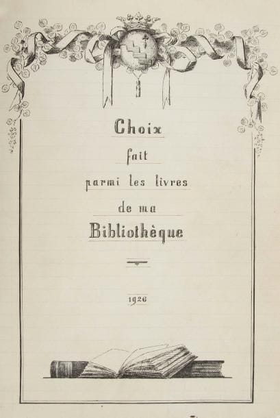 [CATALOGUE - PLUVINEL]. Choix fait parmi les livres de ma Bibliothèque. S.l., 1926. - Manuscrit in-folio, demi-chagrin marron, dos à nerfs, tête dorée, non rogné (Cochard). Précieux manuscrit autographe du marquis de La Baume Pluvinel qui avait réuni l'une des plus prestigieuses bibliothèques de livres rares au début du XXe siècle. Le manuscrit comprend 370 pages; il est écrit sur un papier ligné d'une écriture soignée et parfaitement lisible. Il débute par un joli titre calligraphié et dessiné à l'encre de chine, portant sur le haut les armes du marquis. Ce dernier a par la suite composé une importante préface de 5 pages 1/2, qui donne l'historique de sa bibliothèque, dont voici le commencement: "Le fond de ma bibliothèque est constitué par les livres que ma Tante: la Comtesse de la Baume (...), a réunis durant les trois dernières années de sa vie: de 1908 à 1911; et les plus beaux parmi les volumes que je possède, proviennent presque tous de ses acquisitions. Depuis que j?ai hérité de sa bibliothèque, je me suis appliqué à la compléter et l'enrichir du mieux que j?ai pû, suivant mes goûts personnels, les occasions que j?ai rencontrées, et les facilités que j?ai eues..." Cette préface se termine par la table; elle est en outre datée à deux reprises, de mars et de novembre 1925. Le catalogue est divisé en 8 parties (Auteurs grecs et latins - Jusqu'au XVIe siècle - XVIe siècle - XVIIe siècle - XVIIIe siècle - XIXe siècle (jusque vers 1890) - Auteurs contemporains - Histoire et Géographie) et comprend 981 notices de livres choisis, soigneusement décrits et souvent commentés. Pluvinel a par ailleurs indiqué pour la quasi totalité des ouvrages, la date et le lieu de l'achat. On voit ainsi qu'il s'approvisionnait essentiellement chez Rahir et Gougy. Le manuscrit est interfolié ce qui permit au marquis de Pluvinel d'ajouter des notes à certaines notices. On trouve également deux vignettes collées aux pages 25 et 26, proposant la reproduction de bois gravés du XVe siècle, 