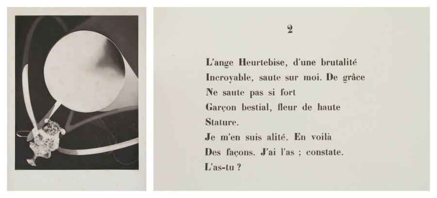 COCTEAU (Jean)
MAN RAY. L'Ange heurtebise, poème. Paris: Stock, 1925. - In-folio, frontispice, (3 ff. dernier blanc), 15 ff., (2 ff.), couverture imprimée. En feuilles sous couverture rempliée. Édition originale illustrée d'une photographie de Man Ray reproduite en photogravure. UN DES 25 EXEMPLAIRES NUMÉROTÉS SUR PAPIER VÉLIN DE HOLLANDE VAN GELDER DESTINÉS À LA LIBRAIRIE ÉDOUARD CHAMPION, second papier après 25 Whatman. Dos déchiré, les deux plats de couvertures sont séparés, petite tache d'humidité sur le bas de la première de couverture. Rousseurs, y compris sur la photographie.