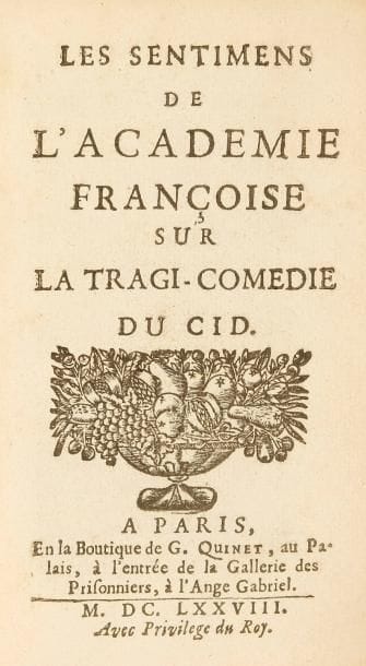 [CHAPELAIN (Jean)]
Les Sentimens de l'Académie françoise sur la tragi-comédie du Cid. Paris: G. Quinet, 1678. - In-12, 183 pp. Veau fauve, triple filet doré en encadrement sur les plats, dos à nerfs orné, roulette dorée intérieure, tranches mouchetées (reliure du XIXe siècle). Nouvelle édition de cet ouvrage publié pour la première fois à la fin de 1637, constituant une réponse au libelle contre Corneille écrit par Scudéry intitulé Observation sur le Cid, inaugurant la querelle du Cid. Scudéry considérait que Corneille ne respectait pas les règles du théâtre classique, entre autres la règle des trois unités instaurée en 1630 par Richelieu et il demanda l'avis de l'Académie sur ce sujet dans sa Lettre à l'illustre Académie (1637). Richelieu prit en considération cette demande et chargea trois commissaires, Bourzeis, Chapelain et Desmarest, de consulter ces Observations. Chapelain rédigea par la suite ce mémoire revu par l'Académie et par Richelieu qui y ajouta plusieurs apostilles. Bon exemplaire en reliure du XIXe siècle, malgré la charnière du premier plat fragile. Provenance: Bernard Jean, avec ex-libris.