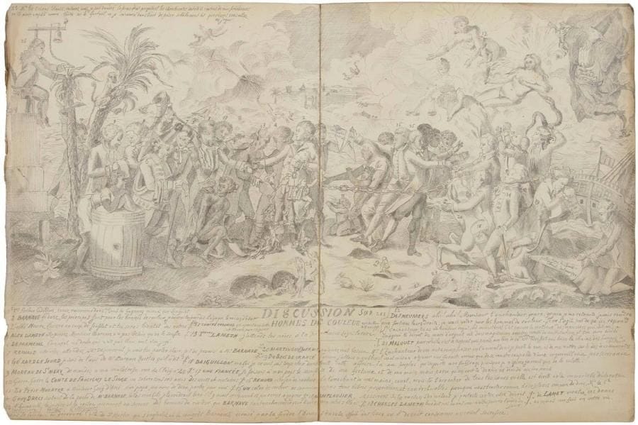 [SAINT-DOMINGUE] GUÉTROT (Maixent)
Étude sur l'histoire politique et sociale de Saint-Domingue 1789-1792. S.l., (1903). - Manuscrit in-4, demi-toile noire, dos lisse (reliure de l'époque). Important manuscrit vraisemblablement autographe, composé par un certain Maixent Guétrot. Il s'agit d'une étude détaillée sur la situation de Saint-Domingue pour la période allant de 1789 à 1792, composée pour l'obtention du diplôme d'études supérieures de la faculté des lettres de Paris, section histoire et géographie, lors de la session de juin 1903 (cf. la référence à ce mémoire dans la Revue d'histoire moderne et contemporaine, volume 17, 1912, p. 397). Le manuscrit est parfaitement calligraphié sur papier épais Bristol, et pratiquement sans rature. Il se compose de 135 pages. Le mémoire est divisé en 23 chapitres: I. Administration générale - II. État social (les blancs, les mulâtres et les esclaves) - III. Situation économique - IV. Le gouvernement de M. de Chilleau - V. Les partis coloniaux à Paris - VI. La politique coloniale en 1789 - VII. L'affaire Chesneau - VIII. Premiers troubles - IX. Création de puissances locales - X. Le décret du 8 Mars - XI. L'assemblée coloniale de Saint-Marc - XII. La fédération d'Aquin - XIII. Les Léopardins à Paris - XIV. La révolte des mulâtres - XV. La révolte des troupes - XVI. Coalition des colons blancs - XVII. Les revendications des mulâtres - XVIII. Le décret du 15 mai - XIX. Les conséquences du décret du 15 mai - XX. M. de Blanchelande au Cap - XXI. La révolte des esclaves - XXII. Les commissaires civils à Saint-Domingue - XXIII. La vengeance des Léopardins. - Conclusion. Guétrot a recopié à la suite de la conclusion, trois textes de lois révolutionnaires sur Saint-Domingue. Il a par ailleurs enrichi son étude d'une carte de Saint-Domingue dessinée au crayon sur double page d'après la carte du service géographique des armées, ainsi que de 18 dessins reproduisant des portraits et des scènes historiques d'après des gravures du XVIIIe siècle. Parmi ces dessins figure sur 