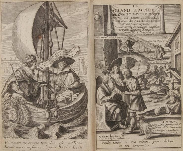 LA PIERRE (Jean de)
Le Grand Empire de l'un et lautre (sic) monde divisé en trois royaumes, Le Royaume des Aveugles, des Borgnes, & des Clair-voyants. Le tout enrichi de curieuses inventions & traicts déloquence Françoises. Paris: Denis Moreau, 1625. - In-8, frontispice, titre gravé, (10 ff.), 565 pp. Veau fauve, triple filet doré en encadrement sur les plats, dos lisse orné, tranches jaspées (reliure du XVIIIe siècle). Brunet, III, 832-833. Édition originale, dédiée à Richelieu, de cet essai, ou allégorie morale, défendant les valeurs de la civilisation catholique en s'appuyant sur des sentences grecques et latines. Il se compose de trois parties ou royaumes: "Ces trois Royaumes, vous ferons voir les trois Estats & Ordres des Hommes, ces Aveugles sont les Amants, infortunez & desastreux de ce monde: ces Borgnes & Chassieux, sont les mauvais Politiques: les Clair-voyants sont les belles & grandes ames choisiez (sic), qui regardent du coing de l'oeil les grandeurs, dont faisant paille & lictiere, elles affectent d'emporter ce glorieux eloge d'honneur. Vous verrés là les abus & erreurs de ce monde, vous y verrés la vanité de leurs voeux, vous y verrés & lirés les feintes & illusions de leurs faulses Maximes, vous y verrés... le tableau de ce monde" (épître).?Lfédition est ornée dfun frontispice gravé dfaprès Crispin de Passe représentant Richelieu en compagnie de Louis XIII sur un navire, dfun titre gravé par Michel van Lochom (1601-1647) dfaprès également Crispin de Passe, et de 2 figures à pleine page (pages 180 et 504), introduisant respectivement les parties sur le Royaume des borgnes et chassieux et celle sur le Royaume des clair-voyants. Lfillustration de la page 504 a été gravée par Jean de Courbes (159.-16..). Bon exemplaire relié au XVIIIe siècle. Quelques légers défauts dfusage à la reliure, sans gravité. Provenance: Bibliothèque royale, avec le cachet rouge aux armes royales sur le troisième feuillet, accompagné du cachet gDoubles changesh.