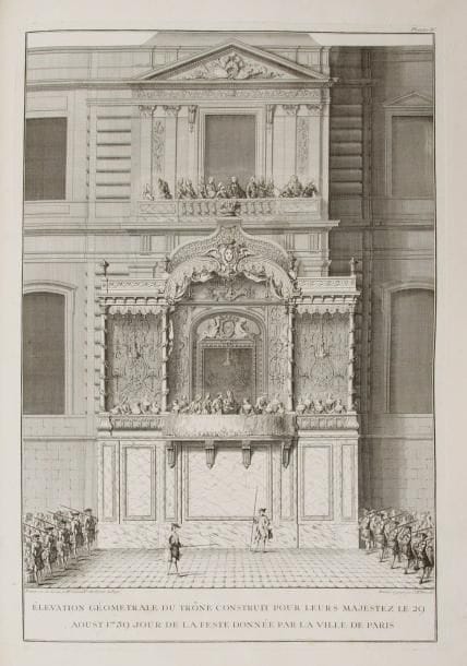 [LIVRE DE FÊTES]. Description des festes données par la ville de Paris, A l'occasion du Mariage de Madame Louise-Elisabeth de France, & de Dom Philippe, Infant & Grand Amiral d'Espagne, les vingt-neuvième & trentième Août mil sept cent trente-neuf. Paris: Imprimerie de P. G. Le Mercier, 1740. - Grand in-folio, (1 f.), 22 pp., 12 planches (sur 13). Maroquin rouge, roulette aux palmettes et fleurs de lys en encadrement, fleur de lys dorée aux angles et armes de Paris au centre sur les plats, dos à nerfs orné, roulette dorée intérieure, tranches dorées (reliure de l'époque). Unique édition de ce superbe livre de fête consacré au mariage par procuration d'Élisabeth de France, fille aînée de Louis XV, alors âgée de 12 ans, et de Philippe de Bourbon, second fils de Philippe V d'Espagne, le 26 août 1739. Il s'agissait de l'une des plus somptueuses fêtes données à Paris au XVIIIe siècle. L'illustration se compose d'une vignette aux armes de Paris sur le titre, gravée par Soubeyran d'après Bouchardon, d'un grand bandeau représentant la joute qui s'est faite sur la Seine, dessiné et gravé par Rigaud, de 2 lettrines et de 12 (sur 13) planches gravées par Blondel, dont 7 (sur 8) dépliantes. Il manque la planche 6. Exemplaire en maroquin aux armes de la ville de Paris. Reliure frottée aux coiffes et aux charnières, quelques griffures et épidermures, coins émoussés avec manques. Traces de mouillures claires au feuillet B2.