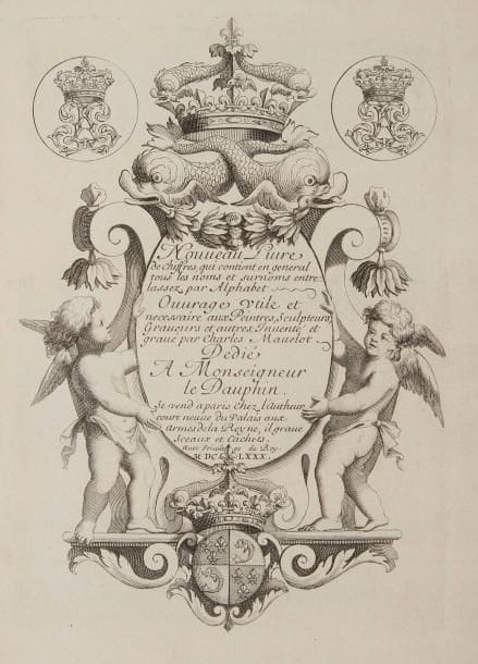 MAVELOT (Charles)
Nouveau livre de chiffres, qui contient en general tous les noms et surnoms entrelassez par Alphabet. Ouvrage utile et necessaire aux Peintres, Sculpteurs, Graveurs et autres. Paris: L'auteur, 1680. - In-4, titre gravé, (2 ff.), 3 pp., 79 planches. Maroquin janséniste rouge, dos à nerfs, dentelle dorée intérieure, tranches dorées (Chambolle-Duru). Édition originale très rare de ce remarquable ouvrage, l'un des plus utiles et des plus connus de l'époque dont se servaient les peintres, les sculpteurs, les orfèvres, les horlogers et les brodeurs. L'édition est dédiée au Dauphin et se compose d'un beau titre gravé aux armes de ce dernier et de 79 planches numérotées de 1 à 21 puis de 1 à 58, contenant 21 chiffres fleuronnés du roi, de la reine, du dauphin et de différents membres de la famille royale et de grands noms de l'époque, suivis de 348 combinaisons de chiffres de 2 à 5 lettres, le tout soigneusement gravé sur cuivre. Bon exemplaire en reliure de Chambolle-Duru, malgré des frottements aux charnières et aux coins. Parfait état intérieur.