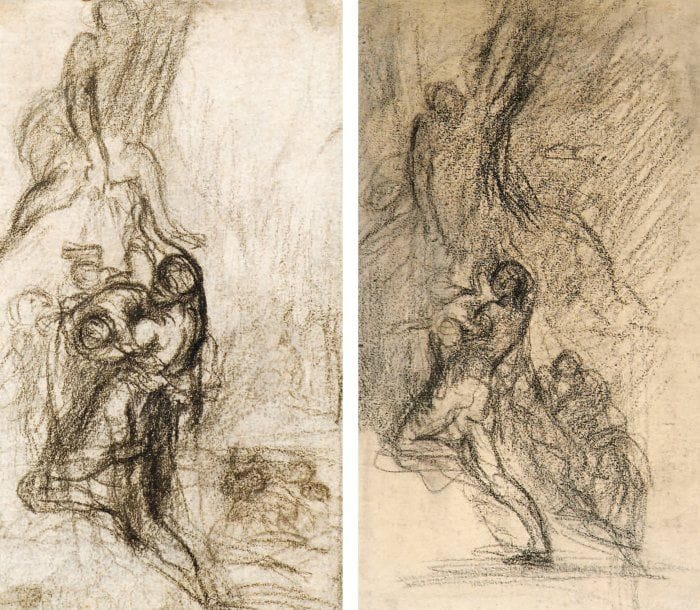 Jean-François MILLET (Gruchy 1814 - Barbizon 1875)
Études recto-verso avec variantes pour OEdipe détaché de l'arbre, 1846-47 Crayon noir. 28 x 16 cm Notre dessin est une étude préparatoire pour le tableau du Salon de 1847, OEdipe détaché de l'arbre. On connaît un autre dessin préparatoire pour ce tableau (voir Studio, 1902-03, repr. ; ancienne collection Morley Pegge).