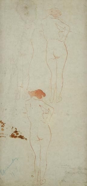 GEORGE BOTTINI (1874-1907)
Femme nue de dos. 1897. Bois gravé en collaboration avec Harry van der Zee. 43 x 20 cm. Carter Southard 19. Impression en sanguine du même sujet répété trois fois. Bonne épreuve sur japon, annotée au crayon bleu: «Épreuve n° 1», puis dédicacée «à notre ami Neuburger (?)», signée par Bottini et datée «97», puis signée par H. van der Zee. Traces de frottement éparses. Fortes taches d'encre brune. Plusieurs plis obliques au bord gauche. Auréoles claires d'humidité. Toutes marges