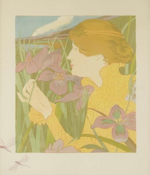 GEORGE BOTTINI (1874-1907)
La Femme aux iris. 1898. Lithographie. 43 x 37,3 cm. Carter Southard 28. Très belle et fraîche épreuve sur vélin, l'une des 50 tirées avec remarque (libellules) en violet. Toutes marges. Tirage total à 150 épreuves