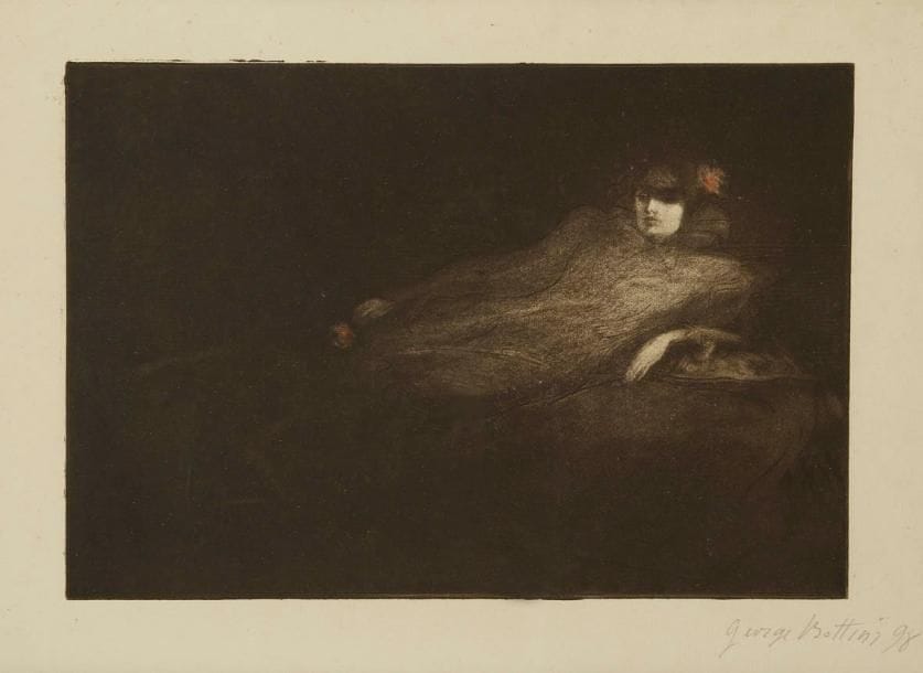 GEORGE BOTTINI (1874-1907)
Femme sur un divan tenant une rose. 1898. Eau-forte et aquatinte. 18,7 x 27,4 cm. Carter Southard 84. Impression en deux tons. Très belle épreuve de l'état définitif sur vergé, signée et datée «98» à la mine de plomb. Toutes marges