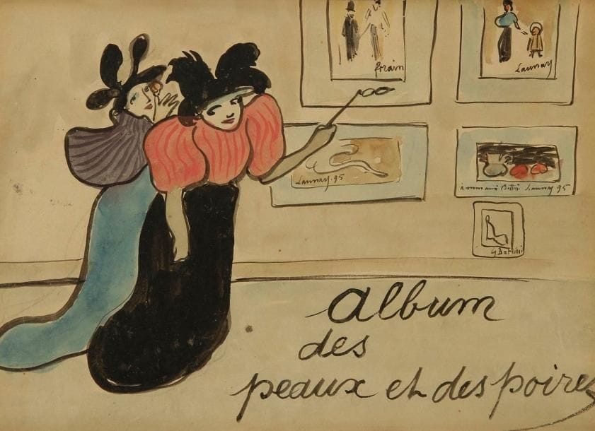 GEORGE BOTTINI (1874-1907)
Album des peaux et des poires, Couverture, 1895. Aquarelle. Au verso, étiquette de catalogue de vente, annonçant la provenance: «Henri-M. Petiet». 18,5 x 25,8 cm