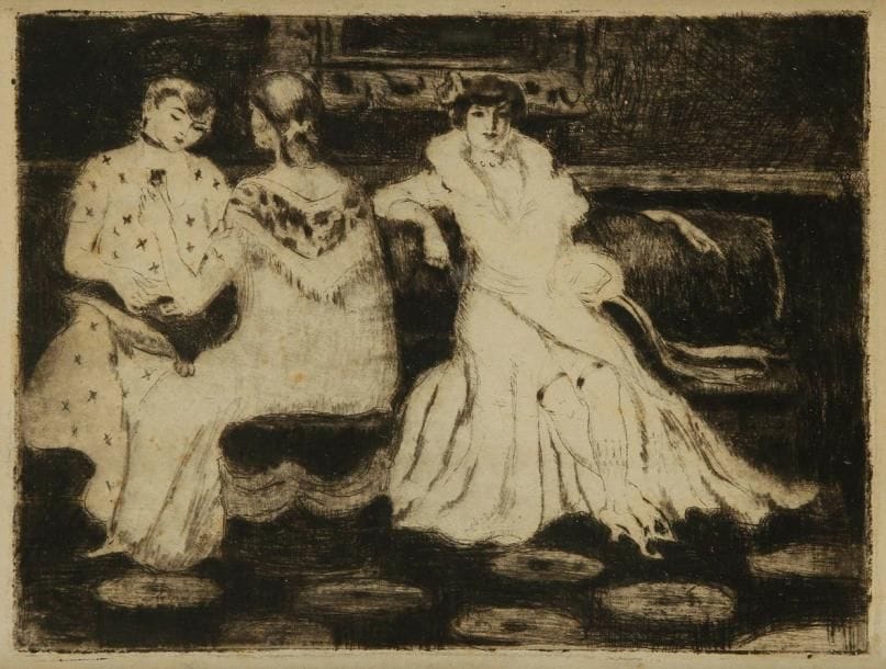 GEORGE BOTTINI (1874-1907)
Trois femmes au salon; scène de maison close. Eau-forte et roulette. 17,4 x 23,5 cm. Très belle épreuve sur vélin, monotypée. Sujet demeuré inconnu à E. Carter Southard