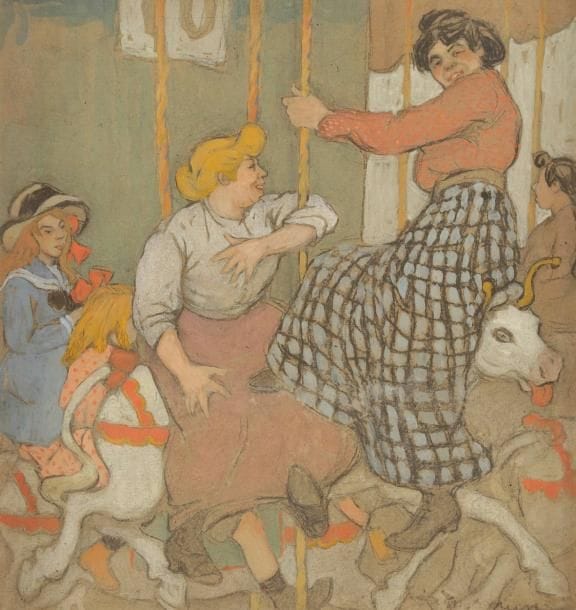 Maud Hunt SQUIRE (1873-1954)
Vaches (femmes au manège), vers 1906-1912. Gouache, lavis et fusain sur vergé («papier boucherie») contrecollé sur carton. Signée en bas à droite. Annotée «Vaches / M. Squire / 39 Bd St Jacques» au verso à la mine de plomb. 36 x 34,5 cm. Provenance:. Collection particulière, Saint-Germain-en-Laye
