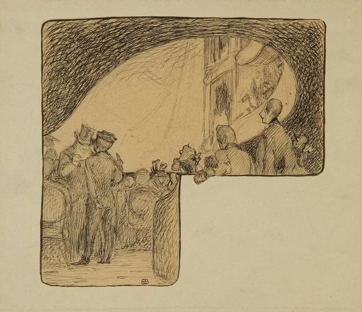 GEORGE BOTTINI (1874-1907)
Personnages au théâtre - Dessin de presse, vers 1895. Dessin à la plume et encre de chine sur vélin chamois découpé, collé sur vélin crème. Signé du monogramme en pied. 12,5 x 14,5 cm
