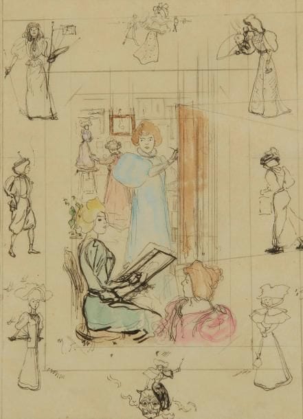 Henry Somm (1844-1907)
L'Atelier de la femme peintre. Dessin à la plume, aquarelle et gouache. Monogrammé à la plume en bas à gauche. 18,5 x 13,5 cm