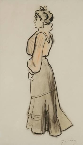 Henry Somm (1844-1907)
Femme en pied de profil vers la gauche. Dessin à plume et encre de chine, fusain et sanguine sur vélin. Signé à la plume en bas à droite. 43 x 26,5 cm