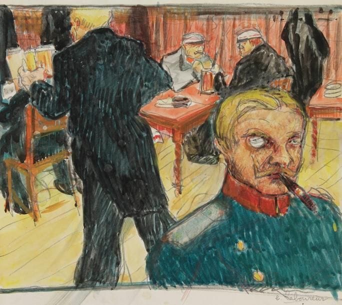 Jean-Emile LABOUREUR (1877-1943)
Café à Berlin, ou Brasserie allemande, 1900. Dessin à la gouache et mine de plomb sur vélin. Signé en bas à droite. Annotations de couleurs en bas à gauche. (Trous d'épingles dans les angles). 32,5 x 25 cm. Bibliographie:. Dessin à rapprocher d'une gouache du même sujet (S. Laboureur 191)