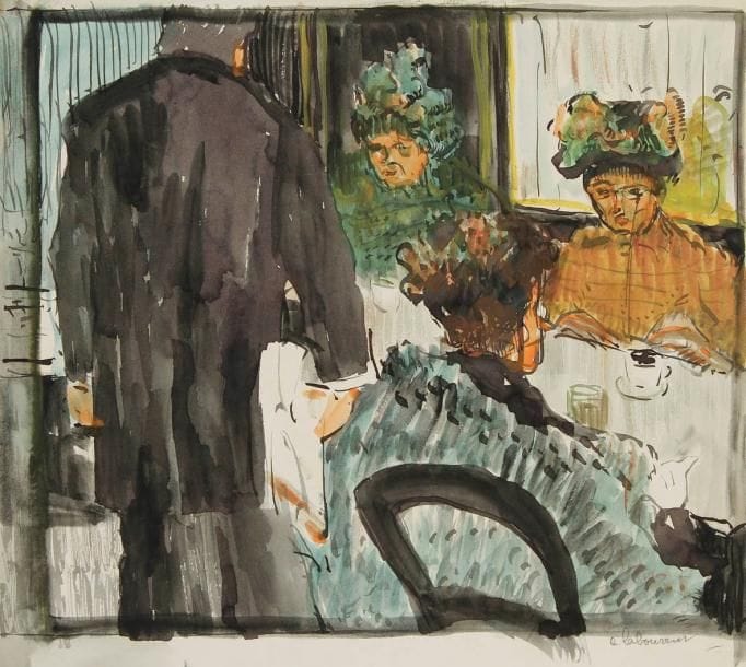 Jean-Emile LABOUREUR (1877-1943)
Femmes au restaurant, vers 1900. Dessin à l'aquarelle et mine de plomb sur vélin. (Fin pli cassé sous le sujet). 31 x 25 cm