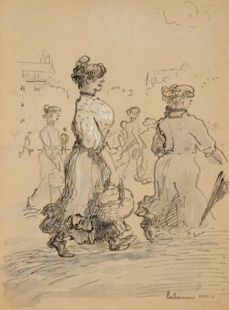 Jean-Emile LABOUREUR (1877-1943)
La Sortie des ouvrières, 1909. Dessin à la plume et encre de chine, lavis et rehauts de gouache blanche et d'aquarelle sur vélin mince beige. Signé et daté «MCMIX» en bas à droite. (Petites traces d'adhésif oxydées et trous d'épingles aux bords du feuillet). 28 x 19,7 cm. Bibliographie:. Dessin préparatoire à la lithographie éponyme de 1909 (S. Laboureur 771)