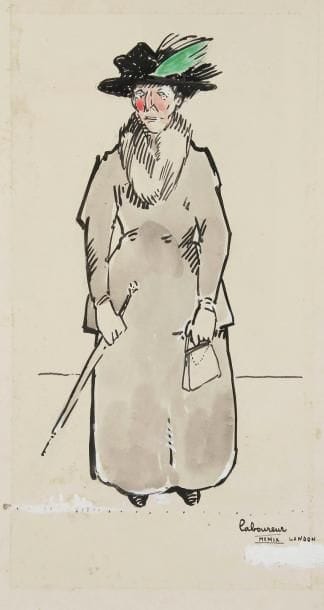 Jean-Emile LABOUREUR (1877-1943)
Vieille femme en chapeau avec parapluie et sac à main, 1909. Dessin au pinceau et lavis d'encre de chine avec petits rehauts d'aquarelle et de gouache blanche sur vélin. Signé puis daté «MCMIX» et localisé «London» en bas à droite. (Trace claire d'oxydation autour du sujet. Petites taches d'encre marginales. Corrections à la gouache blanche sous la date). 36,2 x 23,2 cm