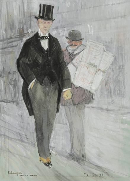 Jean-Emile LABOUREUR (1877-1943)
Fleet Street, 1909. Dessin à l'aquarelle et lavis d'encre sur vélin teinté vert d'eau. Signé en bas à gauche, localisé «London» et daté «MCMIX» puis titré en bas à droite. (Petites traces de colle et épidermures dans les angles au recto). 35 x 24 cm
