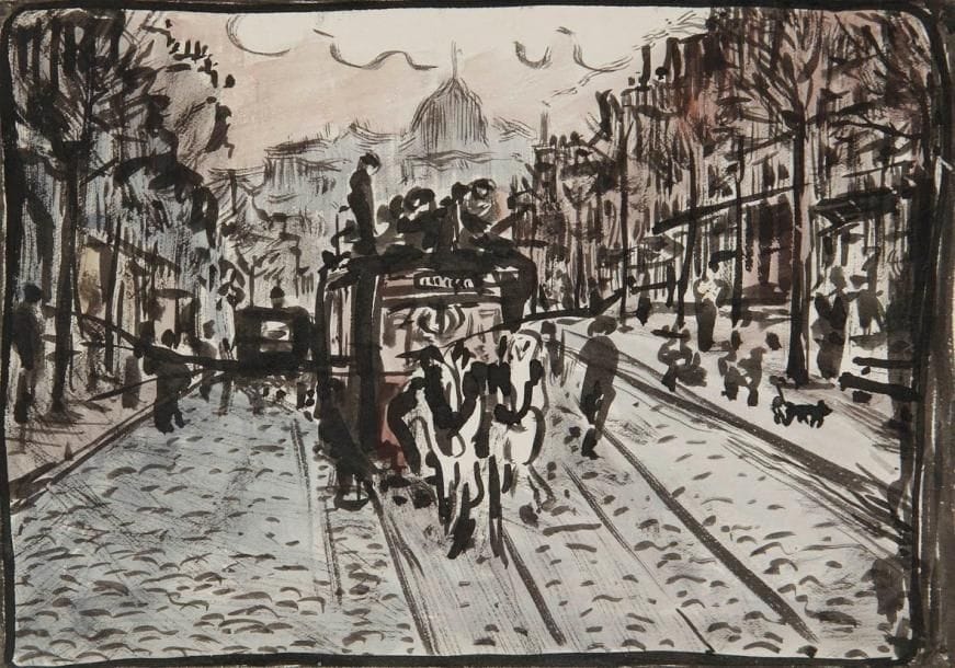 Jean-Emile LABOUREUR (1877-1943)
Fiacre à Londres, vers 1909-1910. Dessin au pinceau, encre de chine et aquarelle sur vélin. Non signé. 11,8 x 16,8 cm