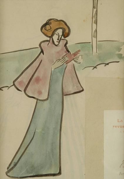 GEORGE BOTTINI (1874-1907)
Femme lisant dans un paysage, vers 1895-1896. Aquarelle sur vélin mince découpé et doublé sur vélin, avec fragment de page de revue associé. (Petite fracture en travers de la robe en pied, petit manque dans l'angle supérieur gauche du feuillet). Au verso: fragment de dessin de Benjamin Rabier, plume, encre de chine et gouache, collé. 21 x 14,5 cm. Provenance: Galerie Arsène Bonafous-Murat, Paris