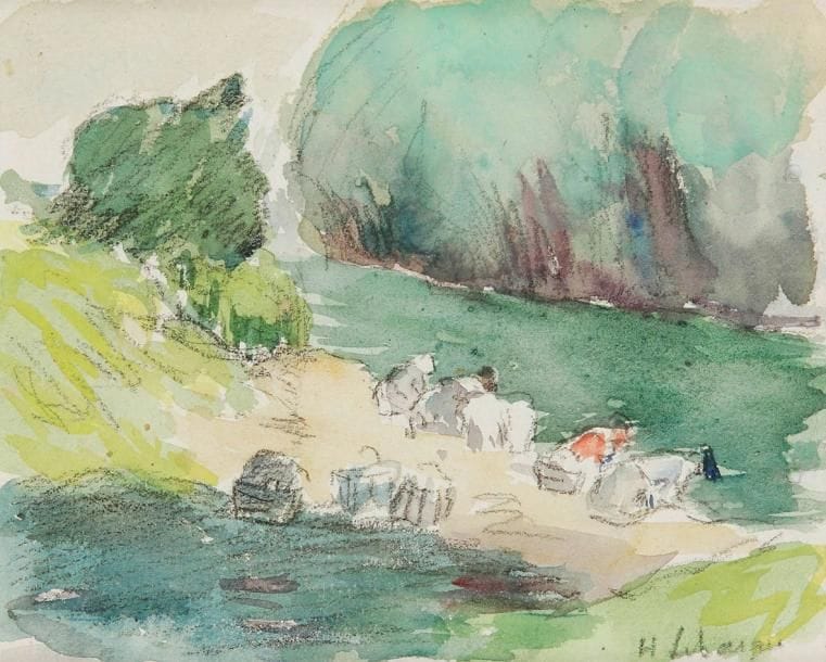 Henri LEBASQUE (1865-1937)
Les Lavandières au bord de la Marne, 1907. Dessin au crayon et aquarelle. Signé en bas à droite. Dessin préparatoire pour un tableau éponyme. 11 x 13,5 cm. Un certificat de Madame Denise Bazetoux sera remis à l'acquéreur