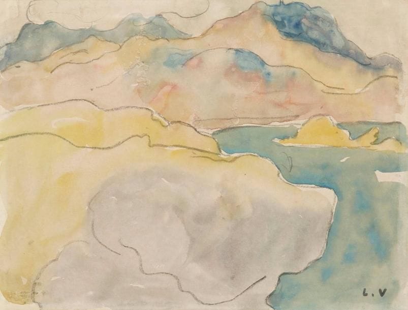 Louis VALTAT (1869-1952)
Bord de mer à Agay. Dessin au fusain et aquarelle. Porte le cachet du monogramme à l'encre noire en bas à droite. (Lugt 1771 bis). 24,5 x 32 cm