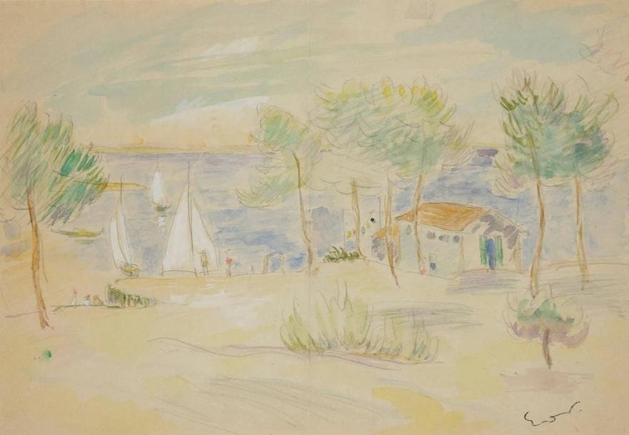 Emile-Othon FRIESZ (1879-1949)
Bord de mer. Dessin à l'aquarelle sur traits de crayon. Porte le cachet de la signature en bas à droite. (Pli central). 30 x 42 cm