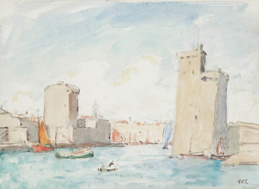 Georges D'ESPAGNAT (1870-1950)
Le Port de la Rochelle. Aquarelle. Porte le cachet du monogramme en bas à droite. (Petites rousseurs). 22 x 30 cm