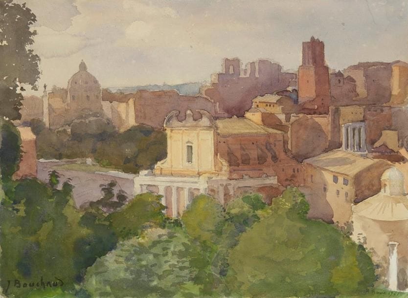 JEAN BOUCHAUD (1891-1977)
Vue de Rome, 1961. Aquarelle. Signée en bas à gauche. Datée et située en bas à droite. 24 x 33 cm