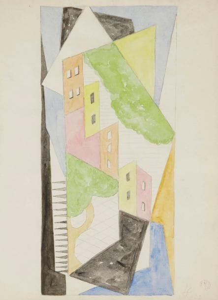 Léopold SURVAGE [franco-russe]. (1879-1968)
Ville cubiste, 1922. Dessin à l'aquarelle et mine de plomb. Monogrammé et daté en bas à droite. Porte le cachet de l'atelier. 30,5 x 24,5 cm