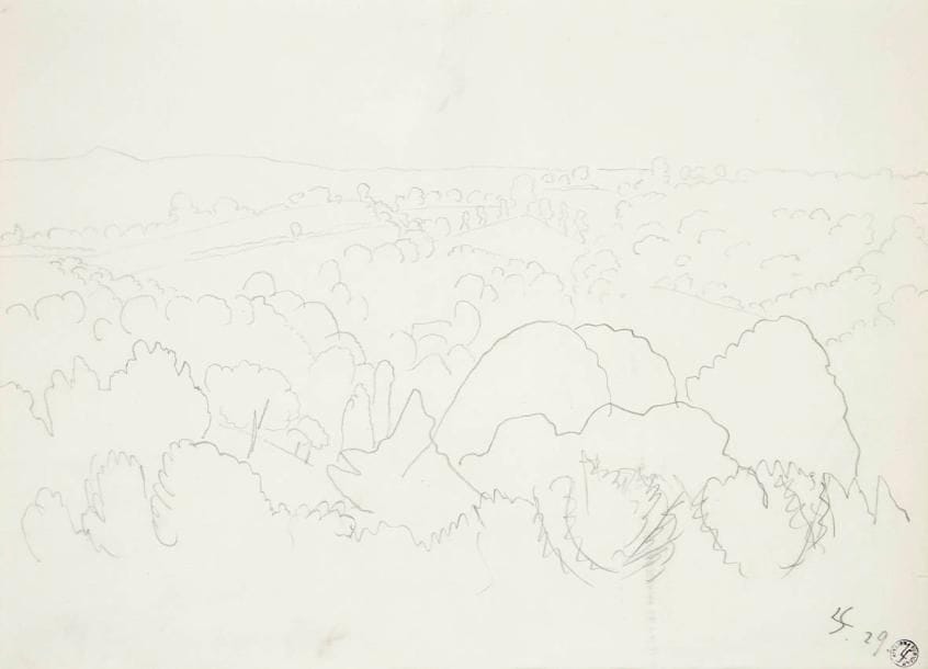 Léopold SURVAGE [franco-russe]. (1879-1968)
Paysage de forêt, 1929. Dessin à la mine de plomb. Monogrammé et daté en bas à droite. Porte le cachet de la vente de l'atelier. 23,5 x 32 cm