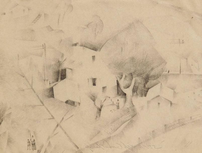 Gabriel LAURIN D'AIX (1901-1973)
Le Village, 1932. Dessin au crayon noir. Signé et daté en bas au milieu. (Petites déchirures et plis). 21 x 27 cm