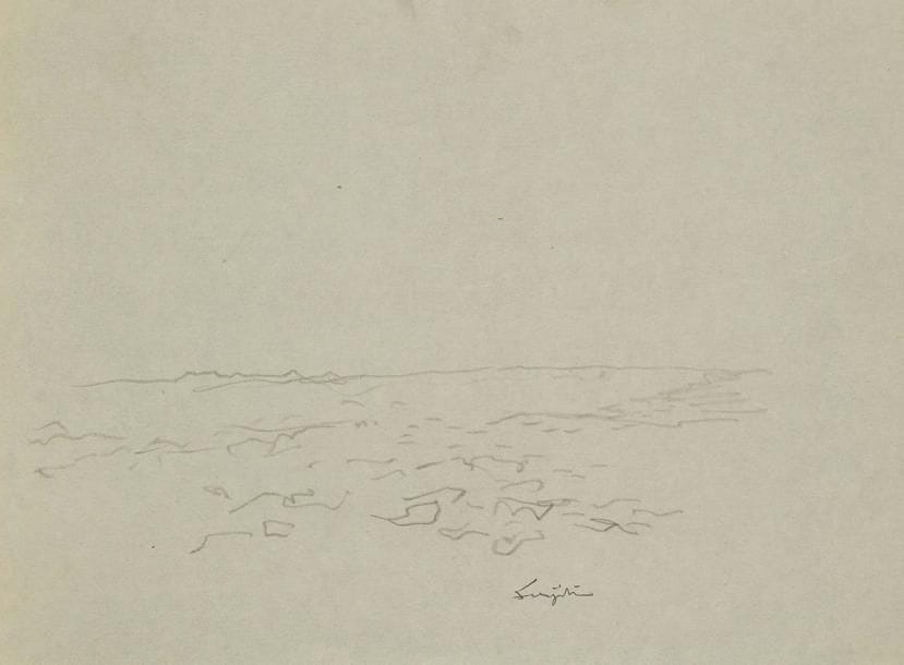 Leonard Tsuguharu FOUJITA (1886-1968)
Paysage de mer. Dessin au crayon. Signé en bas à droite. 20,2 x 27 cm. Provenance:. Vente Cornette de Saint-Cyr, 2012