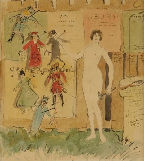GEORGE BOTTINI (1874-1907)
La Vache enragée - Femme nue clouant des marionnettes sur un mur d'affichage, 1897. Aquarelle et encre de chine. 31 x 28 cm. Ce dessin caricatural, sans doute envisagé pour la presse, regorge de citations et d'allusions à Zola, Ubu roi, Champsaur («Vive le fin lettré Champsaur»), à Fabien Launay, ami de l'artiste