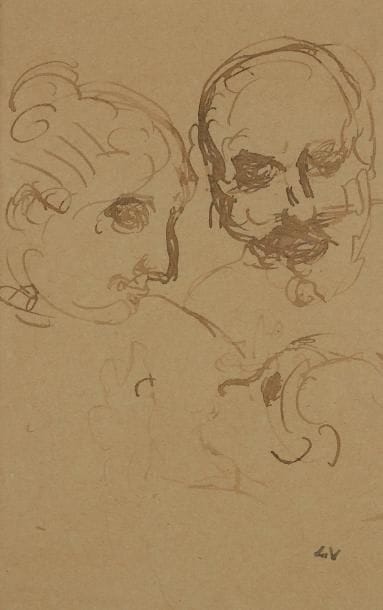 Louis VALTAT (1869-1952)
Probable portrait de famille de Louis, Suzanne et Jean. Dessin au lavis sur papier boucherie. Porte le cachet du monogramme à l'encre violette en bas à droite. (Lugt 1771 bis). 28,5 x 18,5 cm