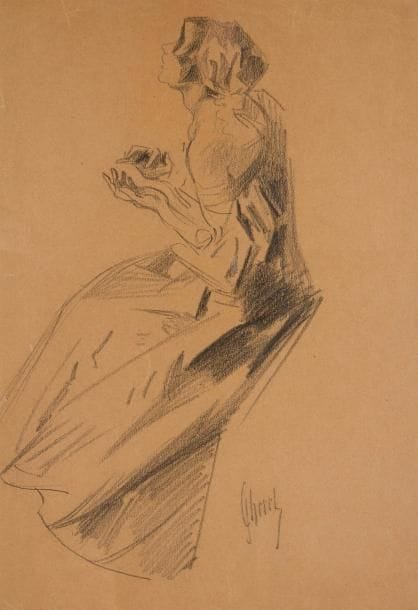 Jules CHÉRET (1836-1932)
Étude de femme assise. Dessin au crayon noir. Signé en bas vers la droite. (Petits plis et déchirures en marge). 33 x 23 cm