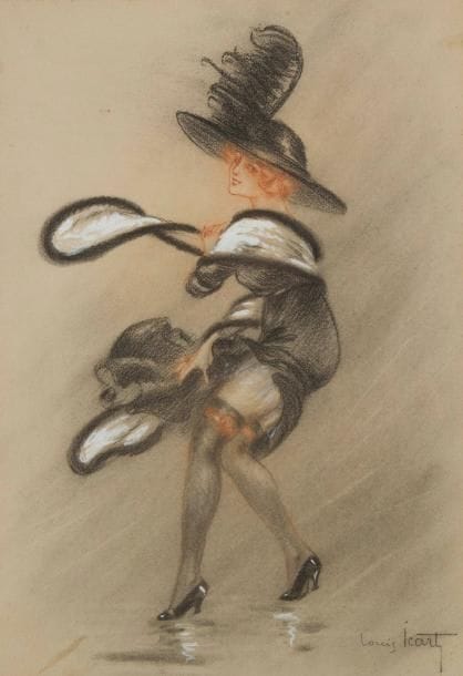 Louis ICART (1888-1950)
Le Coup de vent. Dessin au fusain, sanguine et rehauts de gouache. Signé en bas à droite. 29 x 20 cm