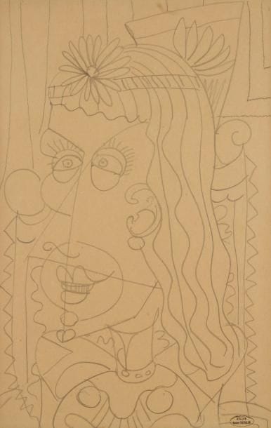 André DERAIN (1880-1954)
Tête de femme au bandeau à fleur, vers 1914. Dessin à la mine de plomb sur vélin. Timbre de l'atelier en bas à droite. 40,5 x 26,2 cm