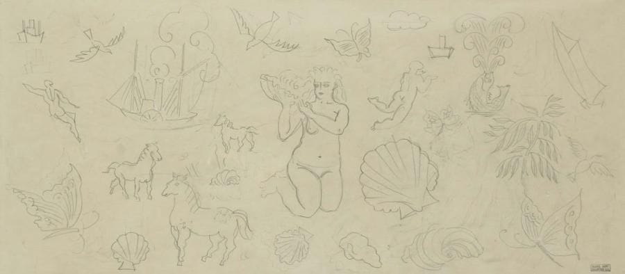 Raoul DUFY (1877-1953)
Naïade au bateau. Dessin à la mine de plomb. Porte le cachet «Raoul Dufy Collection H.G.» en bas à droite. 30 x 67,5 cm