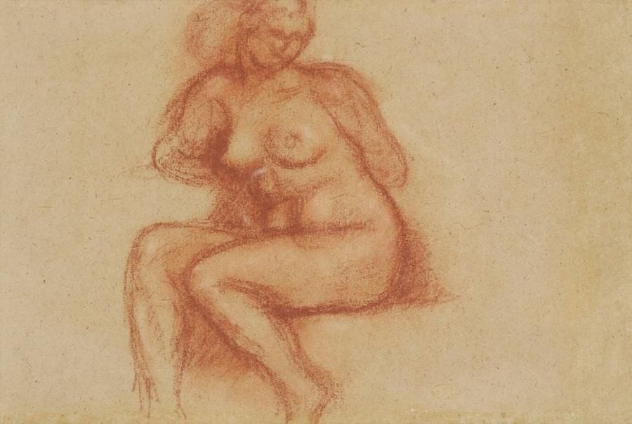 Aristide MAILLOL (1861-1944)
Femme assise. Dessin à la sanguine et craie blanche sur papier boucherie. Porte le cachet de l'artiste en bas à droite. (Lugt 1852). Cachet de la vente de l'atelier au dos. (Lugt 1777a). 27 x 41,5 cm. Un certificat de Monsieur Olivier Lorquin en date du 29 mars 2011 sera remis à l'acquéreur