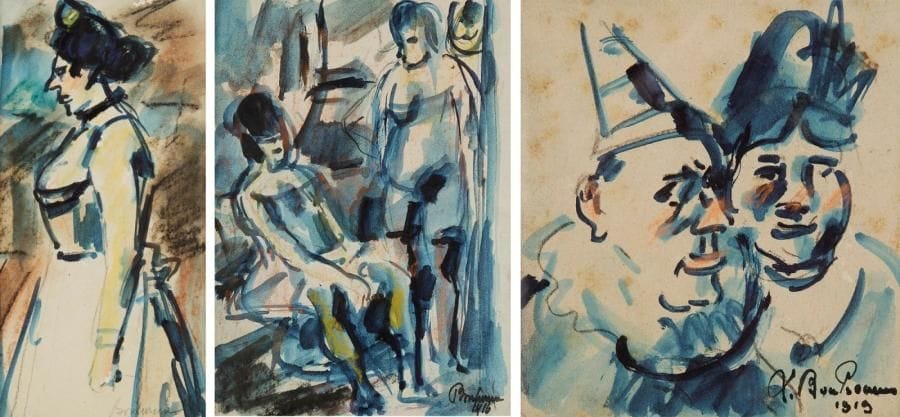 Léon BONHOMME (1870-1924)
Maison close - Clowns - Ménagère, 1916-1919. 3 dessins à l'aquarelle et fusain. Signés et datés. 19 x 14 cm, 10,5 x 10,5 cm et 20 x 10,5 cm