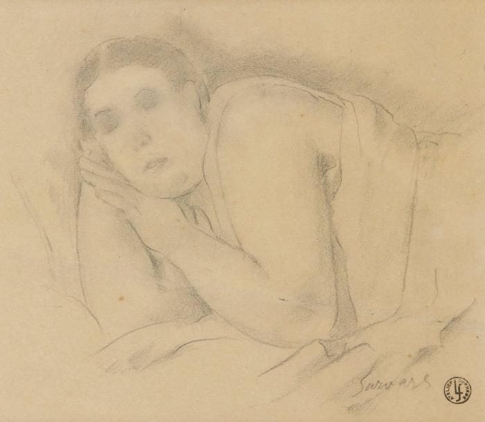 Léopold SURVAGE [franco-russe] (1879-1968)
L'Épouse de l'artiste endormie. Dessin à la mine de plomb sur vélin. Signé en bas à droite. Timbre de la vente de l'atelier. 15,8 x 17,8 cm