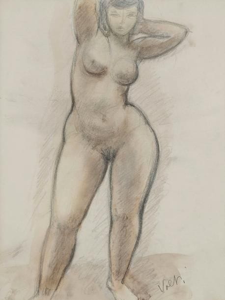 ANTONIUCCI VOLTI (1915-1989)
Femme en pied de face, mains à la nuque. Dessin à la mine de plomb, estompe et aquarelle. Signé à la plume et à l'encre de chine en bas à droite. 32 x 24,5 cm