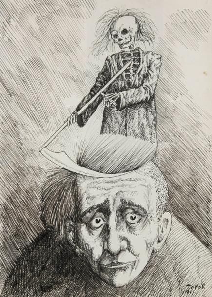 ROLAND TOPOR (1938-1997)
Autoportrait présumé à la faucheuse. Dessin à l'encre. Signé en bas à droite. (Petite déchirure sur le côté droit). 26 x 19 cm. Provenance:. Collection Ferit Iscan