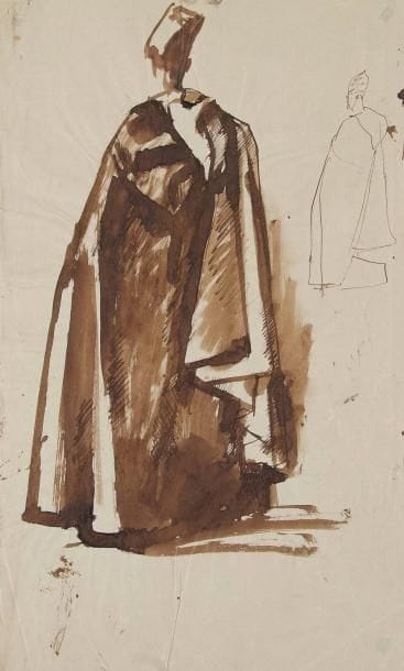 Pavel TCHELITCHEW [russe] (1898-1957)
Étude d'homme en robe. Dessin au lavis. Porte le cachet de la signature au dos. (Petits plis). 45 x 27 cm