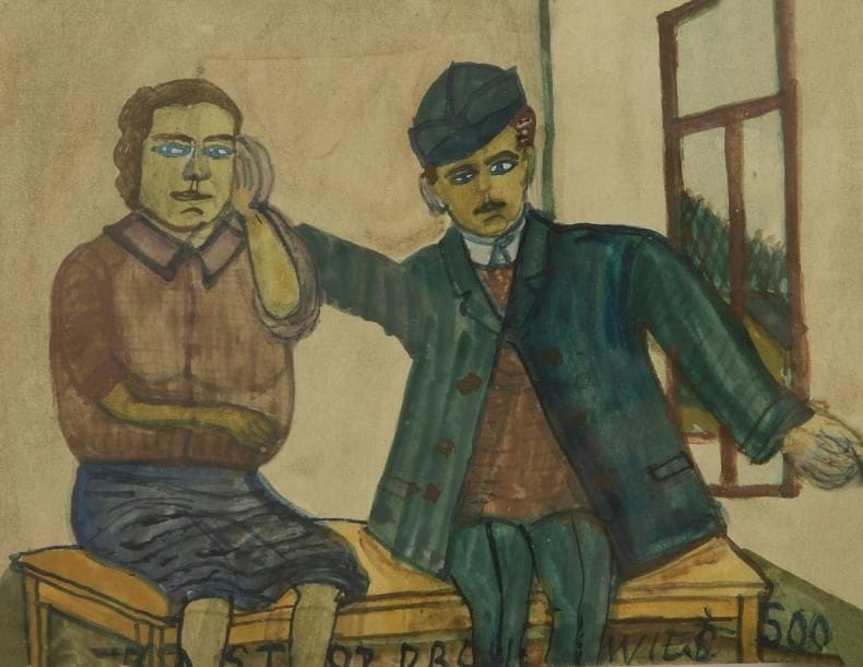 Krynicki NIKIFOR [polonais] (1895-1966)
Le Couple. Aquarelle et gouache. Annotée en bas. 15 x 19,5 cm
